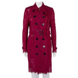 Burberry Burgundy Lace Double Breasted Belted Trench Coat L Burberry The Luxury Closet at The Luxury Closet