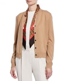 Burberry Cashmere Monogram-Print Silk Scarfed Cardigan  Brown at Neiman Marcus