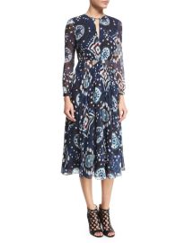 Burberry Long-Sleeve Floral Tie-Dye Midi Dress Crepon Ink at Neiman Marcus