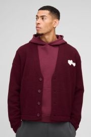 Burgundy MAN Oversized Boxy Heart Knitted Cardigan USA at Boohoo