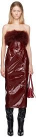 Burgundy Marabou Feather Faux Leather Midi Dress at Ssense