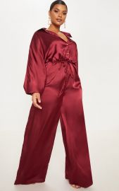 Burgundy Satin Tie Waist Wide Leg Jumpsuit by Pretty Little Thing at Pretty Little Thing