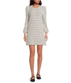 Buru Knit Checker Long Puff Sleeve Shift Mini Dress at Dillards