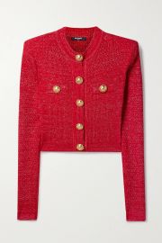 Button-Embellished Metallic Jacquard-Knit Cardigan by Balmain at Net A Porter