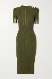 Button-Embellished Metallic Ribbed Midi Dress by Balmain at Net A Porter