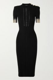 Button-Embellished Metallic Ribbed Midi Dress by Balmain at Net A Porter