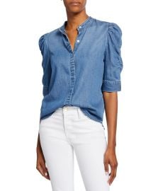 Button-Front Elbow-Sleeve Shirred Denim Shirt at Bergdorf Goodman