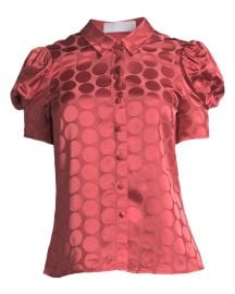 Button-Front Short-Sleeve Tonal Dot Satin Blouse at Neiman Marcus