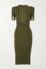 Button-embellished metallic ribbed silk, wool and cashmere-blend midi dress at Net a Porter