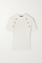 Button embellished ribbed knit top by Balmain at Net a Porter