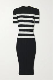 Button-embellished striped ribbed wool midi dress at Net a Porter