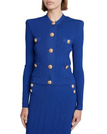 Buttoned Knit Strong-Shoulder Cardigan at Neiman Marcus