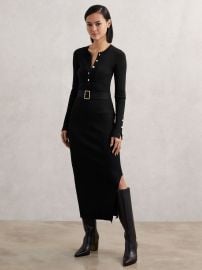 Buttoned Rib-Knit Midi Dress in Black at Reiss