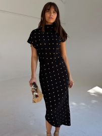 Buy Never Fully Dressed Black Short Sleeve High Neck Plisse Desiree Asymetric Midi Dress from Next USA at Next