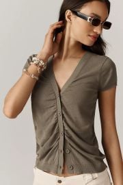 By Anthropologie Cardigan Ruched Short Sleeve V Neck Sweater at Anthropologie