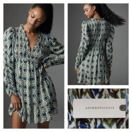 By Anthropologie Long-Sleeve V-Neck Ruffle Mini Dress Blue Motif XXS NWT 158 eBay at eBay