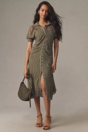 By Anthropologie Puff Sleeve Ruched Mesh Midi Shirt Dress at Anthropologie