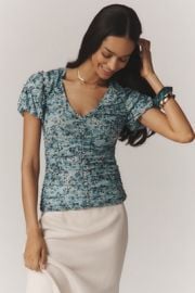 By Anthropologie Short Sleeve Shirred Mesh Top at Anthropologie