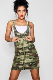 CAMO O-RING ZIP THROUGH DENIM PINAFORE DRESS at Boohoo