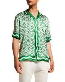 CASABLANCA Menx27s Silk Cuban-Collar Camp Shirt - Green Casablanca Ping Pong Monogram at Neiman Marcus