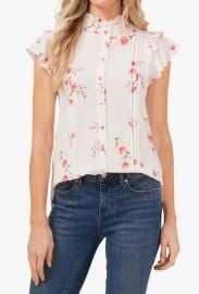 CECE FLORAL RUFFLE PINTUCK BLOUSE IN CORAL SUNSET at Nordstrom