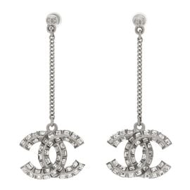 CHANEL Baguette Crystal CC Drop Earrings Silver 1312824 FASHIONPHILE at Fashionphile