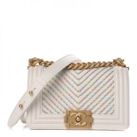 CHANEL Calfskin Embroidered Chevron Small Boy Flap Ivory 329869 FASHIONPHILE at Fashionphile