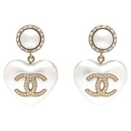 CHANEL NEW CC Heart Faux Pearl Gold Crystal Evening Dangle Drop Earrings in Box For Sale at 1stDibs evening drop earrings dangle chanel earrings chanel pearl heart earrings at 1st Dibs