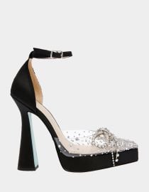 CHER BLACK SATIN Heels Platform Rhinestone Heels Betsey Johnson at Betsey Johnson