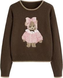 CIDER Women's Fall Sweaters Long Sleeve Cute Sweaters Bear Graphic Crewneck Soft Knit Casual Cropped Pullover at Amazon