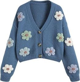 CIDER Womens Floral Cropped Cardigan Cute Flower V Neck Button Down Trendy Sweater at Womens Clothing store at Amazon