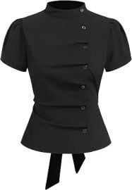 CIDER Womens Plaid Stand Collar Button Front Puff Sleeve Tie Back Blouse | Lightweight Woven Adjustable Back Detail Work To Weekend Styling at Amazon