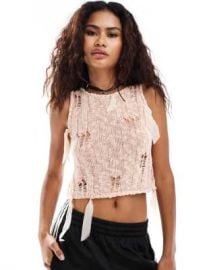 COLLUSION distressed knit tank top with ribbons in pink at ASOS