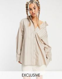 COLLUSION drop shoulder oversized shirt set in beige stripe at ASOS