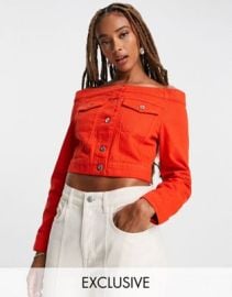 COLLUSION off the shoulder denim jacket in red - part of a set at ASOS