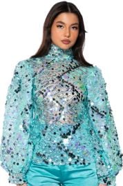 CONFETTI LONG SLEEVE MOCK NECK BLOUSE IN BLUE at Shop Akira