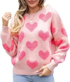 CORIRESHA Women39s Cute Heart Sweater Crewneck Long Sleeve Comfy Fuzzy Valentine39s Day Knit Pullover at Womens Clothing store at Amazon