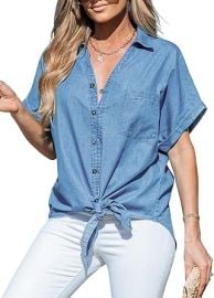 CUPSHE Women Tops Denim Tie Tee Short Sleeves V Neck Button Front Shirt Casual Dressy at Womens Clothing store at Amazon