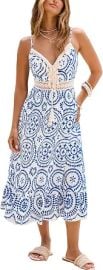 CUPSHE Womens Boho Midi Dresses Summer Spaghetti Strap Crochet Lace V Neck Drawstring Waist Beach Vacation Casual Sundress at Amazon
