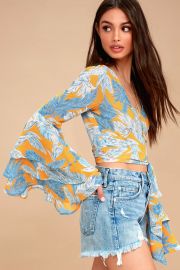 Cabana Queen Golden Yellow Tropical Print Tie-Front Crop Top at Lulus