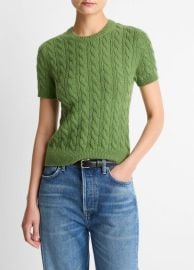 Cable-Knit Wool amp Cashmere-Blend Short-Sleeve Sweater in Crew Neck at Vince
