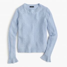 Cable crewneck sweater with ruffle sleeves at J. Crew