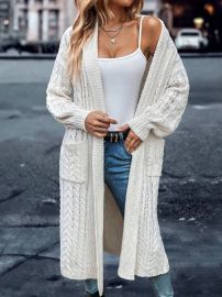 Cable knit drop shoulder duster cardigan at Shein