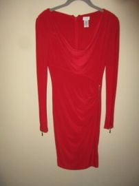 Cache Red Draped Neck Ruching Gold Zipper Accents Jersey Knit Bodycon Dress XS eBay at eBay