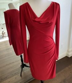 Cache Red Fitted Draped Scooped Neck Dress with Side and Sleeve Zipper Accents eBay at eBay