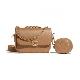 Calfskin & Gold-Tone Metal Beige Flap Bag & Coin Purse at Chanel