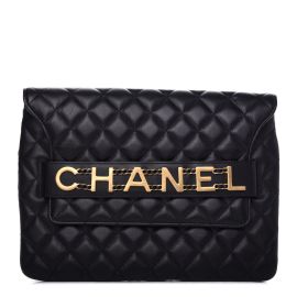 Calfskin Quilted Logo Flap Case Black at Fashionphile