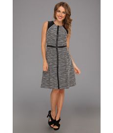 Calvin Klein A-line Dress w Faux Leather Trim BlackWhite at 6pm