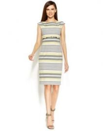 Calvin Klein Belted Stripe Sheath Dress in Yellow at Macys