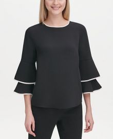 Calvin Klein Contrast-Trim Bell-Sleeve Blouse   Reviews - Tops - Women - Macy s at Macys